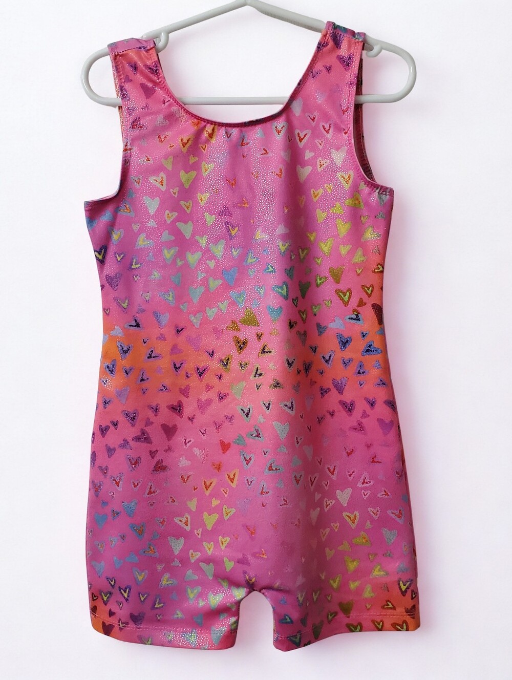 Girls Gymnastics Or Dance Leotard With Shorts Pink Hearts Design, Unitard Romper